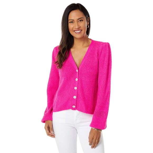 NWT Lilly Pulitzer Laelynn Hot Pink Rhinestone Button Blouson Sleeve Cardigan - Picture 1 of 10